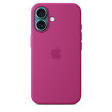 Official Apple iPhone 16 Silicone Case in Fuchsia On Teal Handset