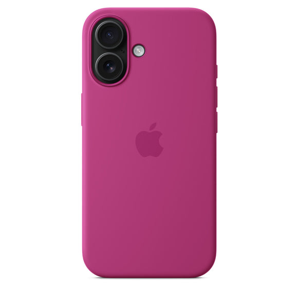 Official Apple iPhone 16 Silicone Case in Fuchsia ON Black Handset
